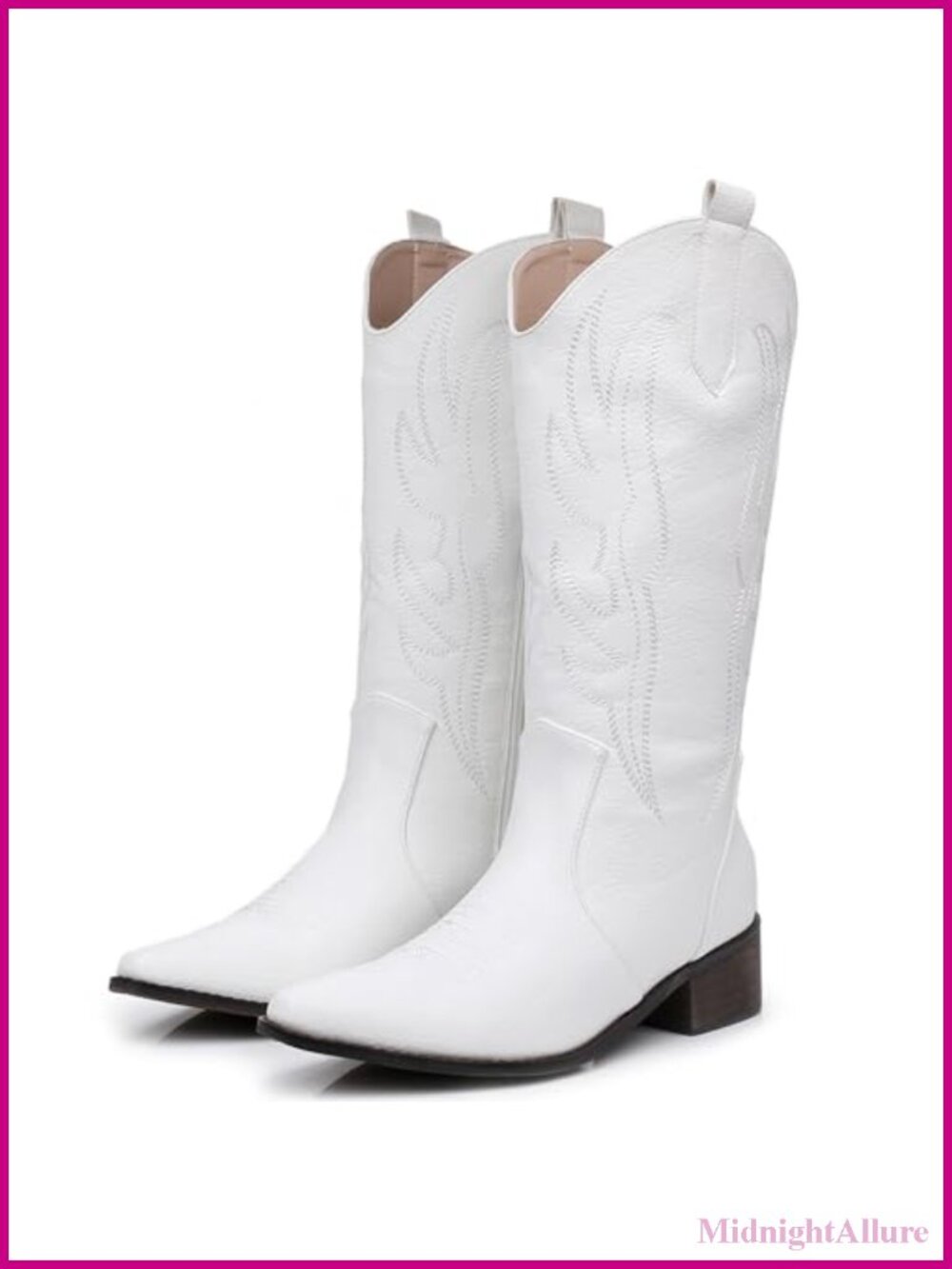 Faux Leather Cowboy Boots Mid Calf Chunky Heel Embroidery Western Women